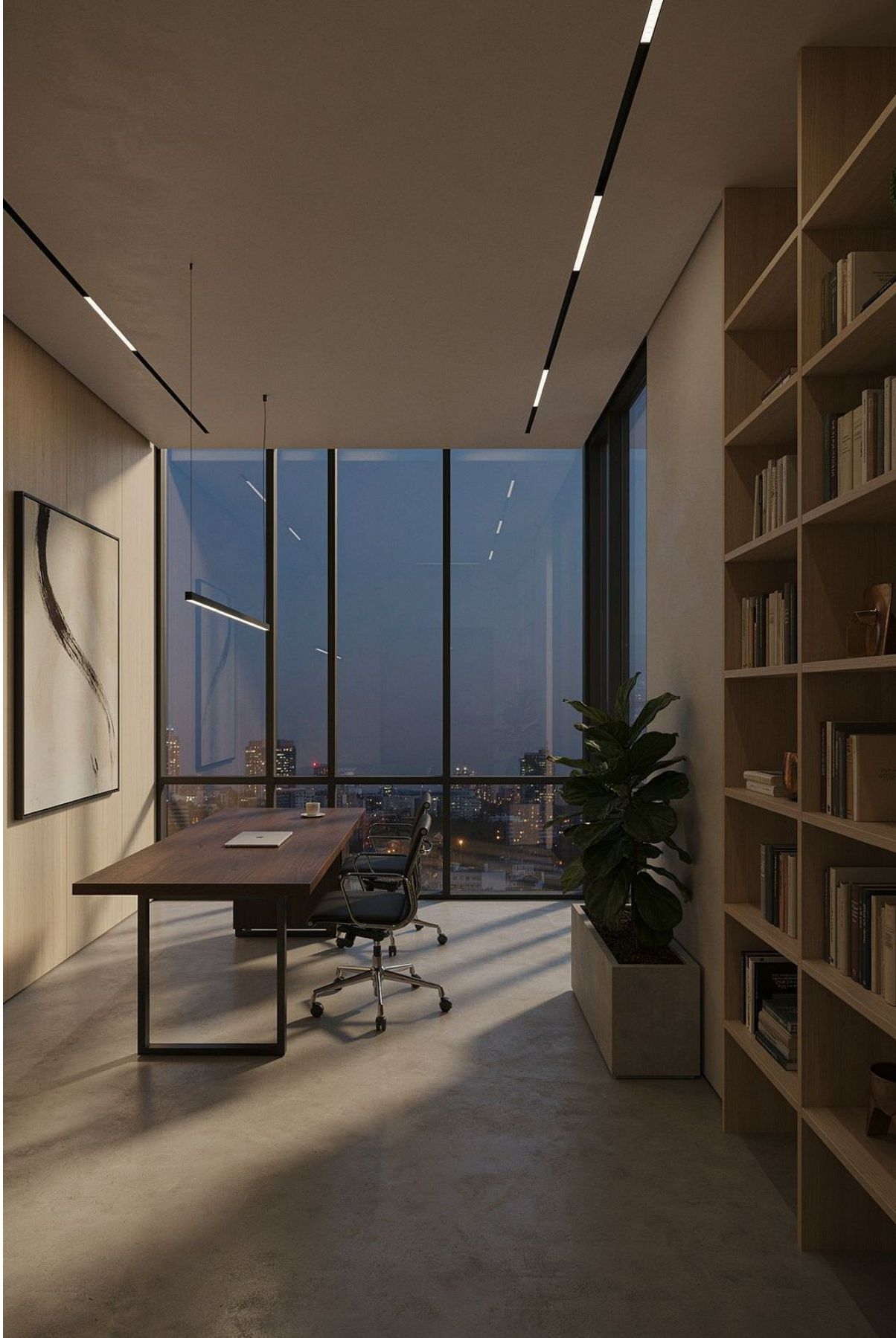 A modern office interior overlooking a city at dusk